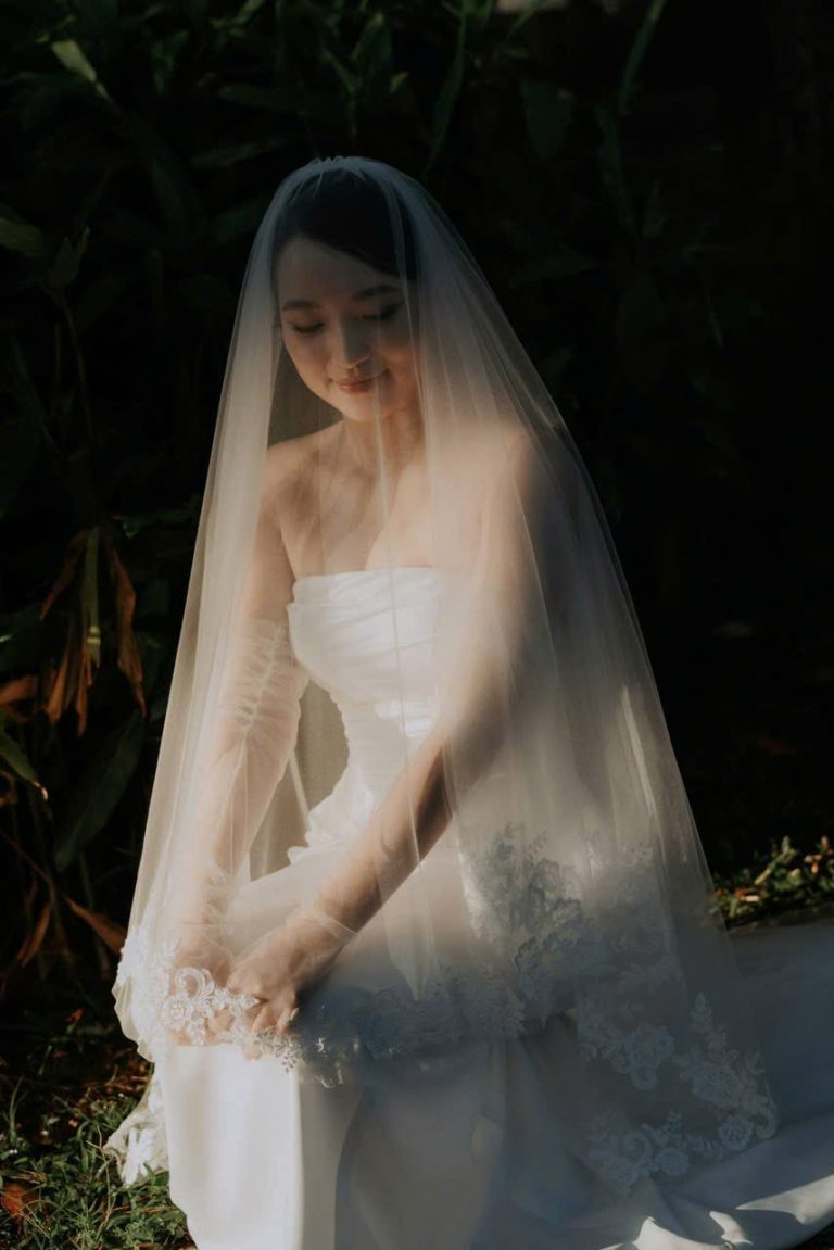 A close-up look at the wedding dress of bride Huong Tran on her happy day.
